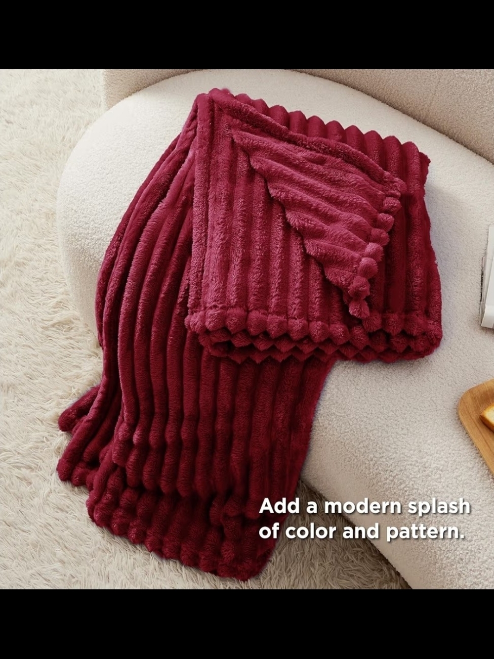 Bedsure Plush Ribbed Throw Blanket - Burgundy - Picture 6 of 8